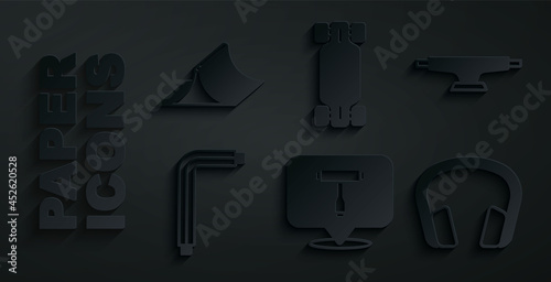 Set Skateboard T tool, wheel, Tool allen keys, Headphones, Longboard or skateboard and park icon. Vector