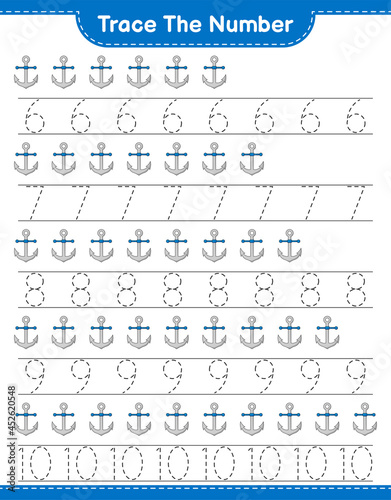 Trace the number. Tracing number with Anchor. Educational children game  printable worksheet  vector illustration