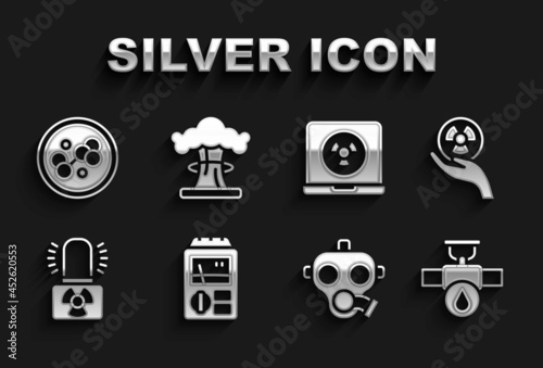 Set Dosimeter, Radioactive, Industry pipe and valve, Gas mask, warning lamp, Nuclear laptop, Molecule and explosion icon. Vector