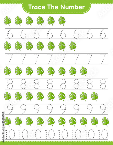 Trace the number. Tracing number with Monstera. Educational children game, printable worksheet, vector illustration