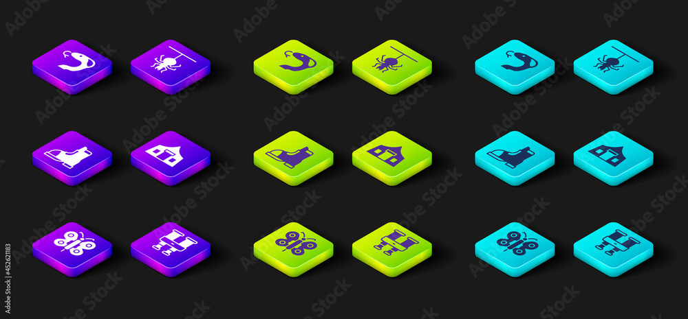 Set Butterfly, Binoculars, Hunter boots, Tourist tent, Spider and Snake icon. Vector Set Butterfly, Binoculars, Hunter boots, Tourist tent, Spider and Snake icon. Vector