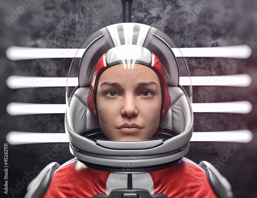Obraz na plátně Woman astronaut with red space suit and helmet - 3d rendering