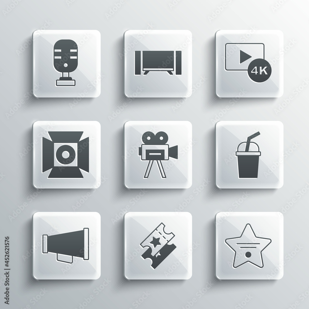 Set Cinema ticket, Walk of fame star, Paper glass with water, Retro cinema camera, Megaphone, Movie spotlight, Microphone and Screen tv 4k icon. Vector Set Cinema ticket, Walk of fame star, Paper glass with water, Retro cinema camera, Megaphone, Movie spotlight, Microphone and Screen tv 4k icon. Vector