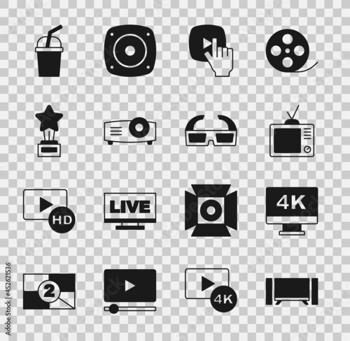 Set Smart Tv, Screen tv with 4k, Retro, Online play video, Movie, film, media projector, trophy, Paper glass water and 3D cinema glasses icon. Vector