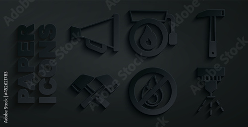Set No fire, Firefighter axe, sprinkler system, Ringing alarm bell and Megaphone icon. Vector