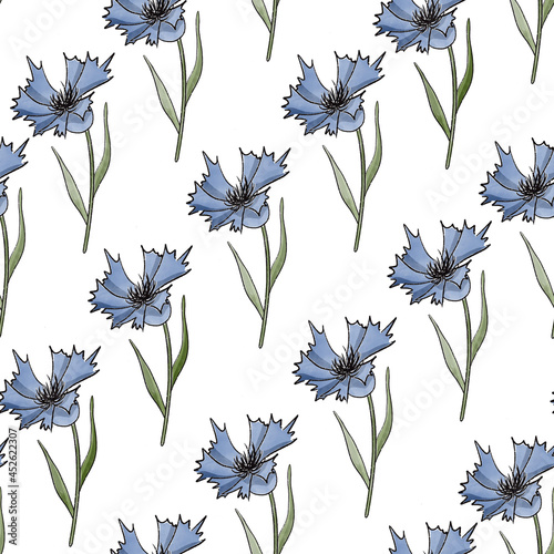 Decorative seamless floral pattern with cartoony meadow flowers.