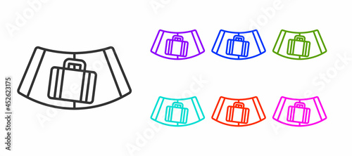 Black line Airport conveyor belt with passenger luggage, suitcase, bag, baggage icon isolated on white background. Set icons colorful. Vector