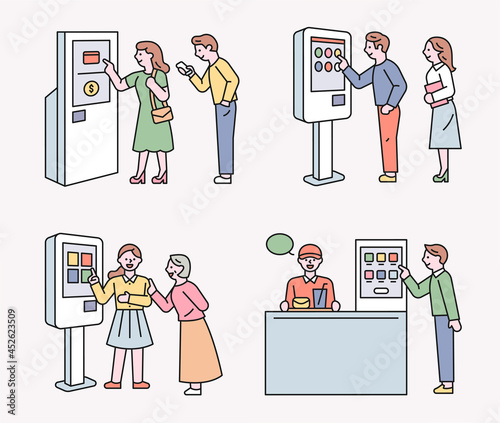 smart lifestyle. People are placing orders at the kiosk. outline simple vector illustration.