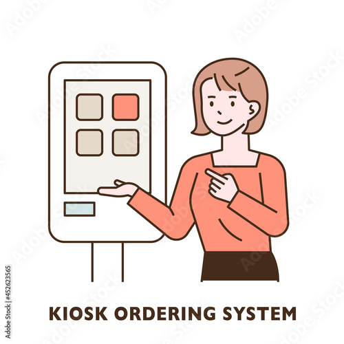 smart lifestyle. A woman is introducing a kiosk. outline simple vector illustration.