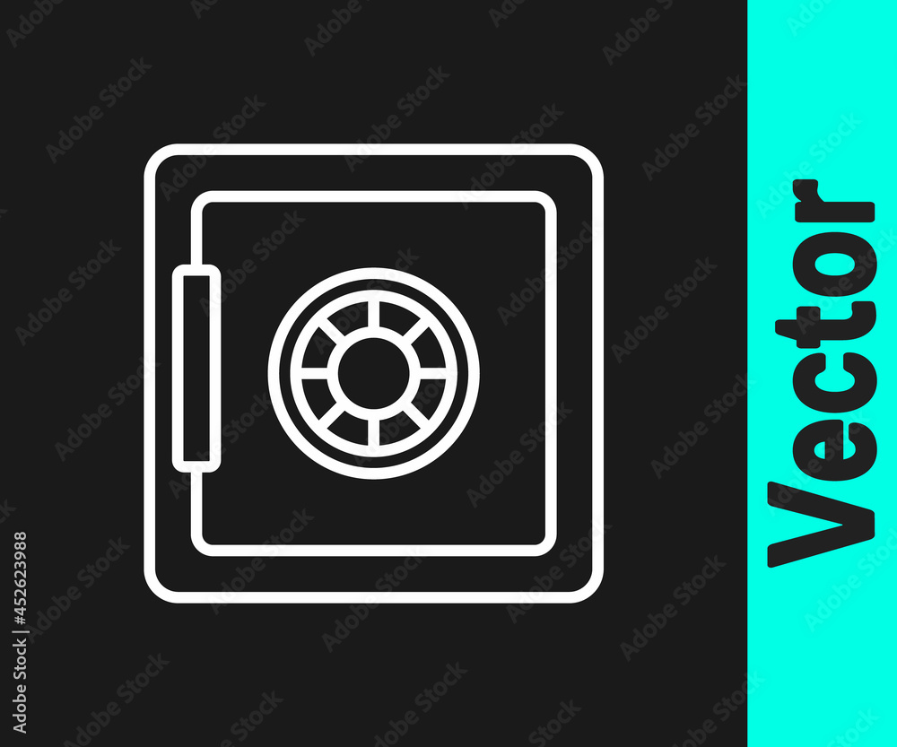 White line Safe icon isolated on black background. The door safe a bank vault with a combination lock. Reliable Data Protection. Vector White line Safe icon isolated on black background. The door safe a bank vault with a combination lock. Reliable Data Protection. Vector