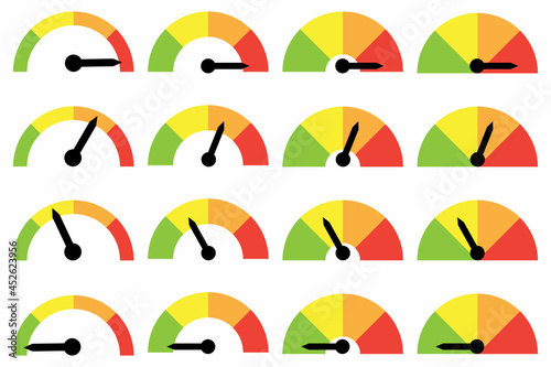 Color speedometer icons set. Progress performance chart. Scale meter. Infographic design. Vector illustration. Stock image. 