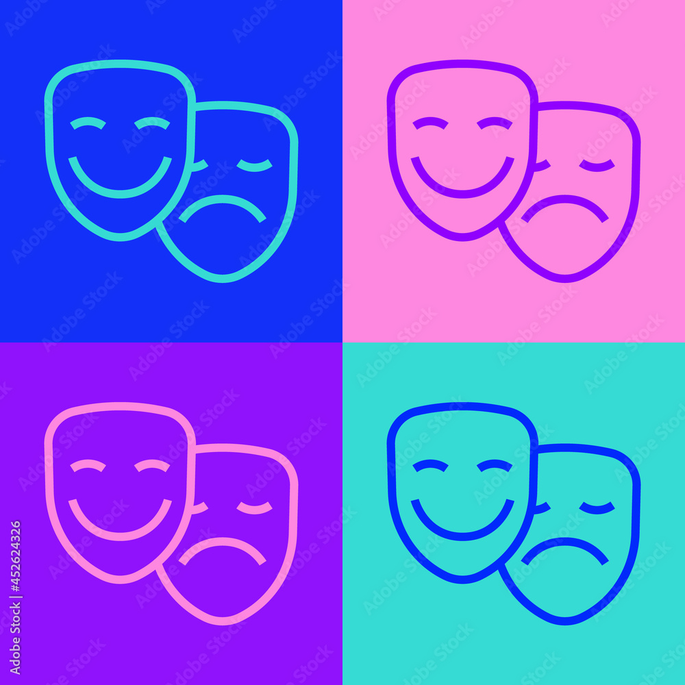 Pop art line Comedy and tragedy theatrical masks icon isolated on color background. Vector Pop art line Comedy and tragedy theatrical masks icon isolated on color background. Vector