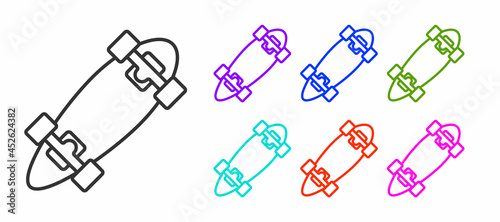 Black line Longboard or skateboard cruiser icon isolated on white background. Extreme sport. Sport equipment. Set icons colorful. Vector