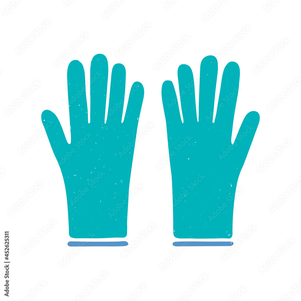 Rubber cleaning or latex medical gloves isolated on white background. Symbol Coronavirus Covid 19 pandemic. Vector shabby hand drawn illustration Rubber cleaning or latex medical gloves isolated on white background. Symbol Coronavirus Covid 19 pandemic. Vector shabby hand drawn illustration