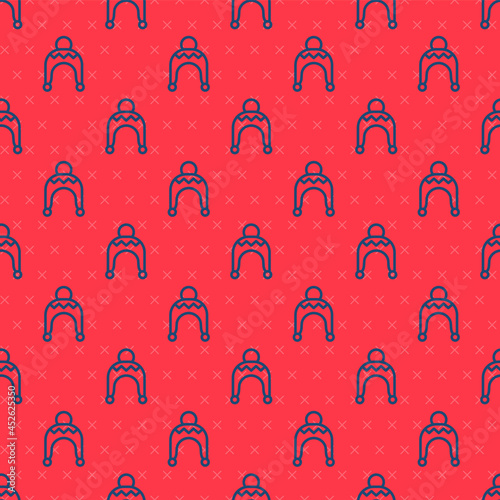 Blue line Winter hat icon isolated seamless pattern on red background. Vector