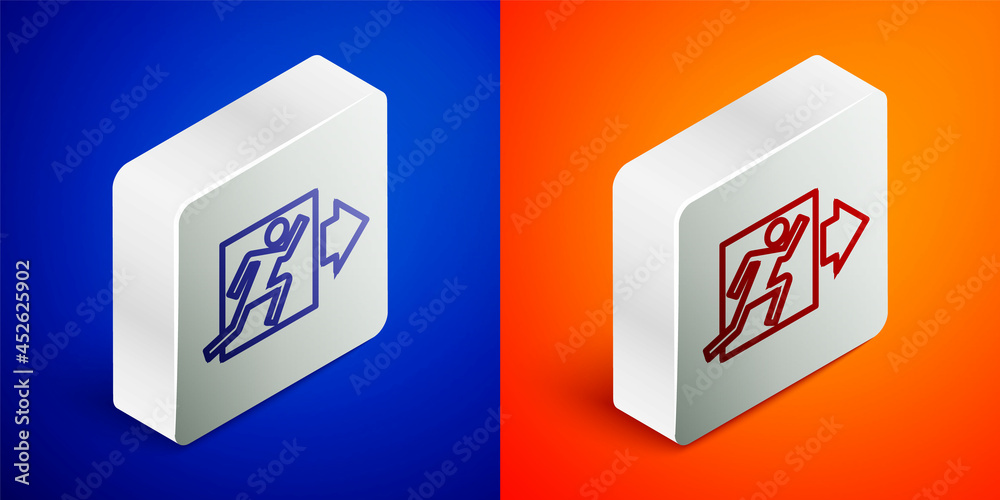 Isometric line Fire exit icon isolated on blue and orange background. Fire emergency icon. Silver square button. Vector Isometric line Fire exit icon isolated on blue and orange background. Fire emergency icon. Silver square button. Vector