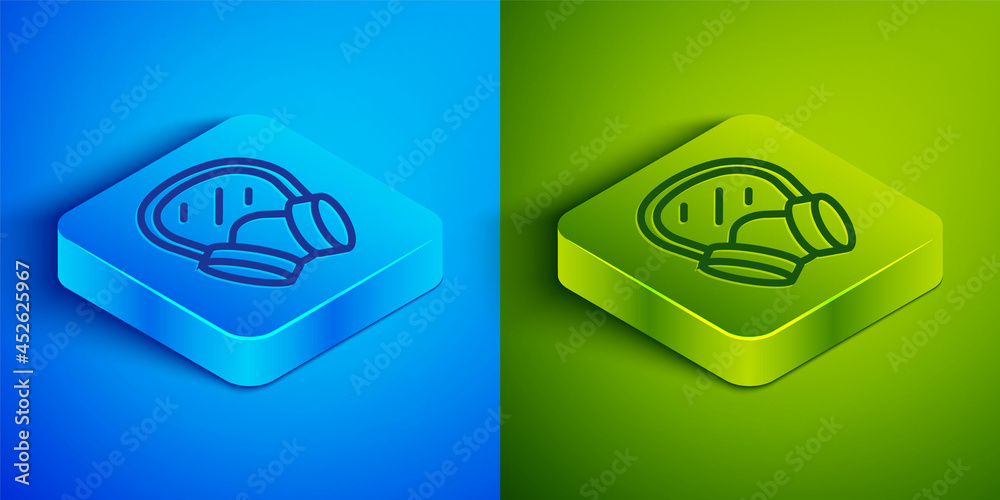 Isometric line Gas mask icon isolated on blue and green background. Respirator sign. Square button. Vector Isometric line Gas mask icon isolated on blue and green background. Respirator sign. Square button. Vector