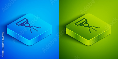 Isometric line Fire sprinkler system icon isolated on blue and green background. Sprinkler, fire extinguisher solid icon. Square button. Vector