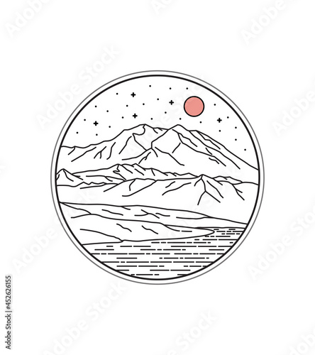 Denali National Park in mono line art, patch badge design, emblem design, T-Shirt Design
