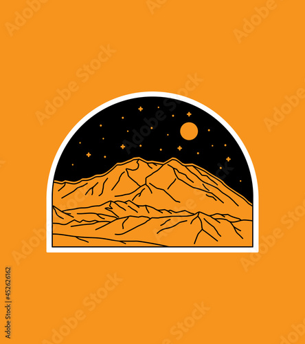 Denali National Park at night in mono line art, patch badge design, emblem design, T-Shirt Design