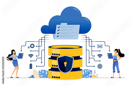 Illustration of sharing and communicating data with cloud services integrated with a secure database system. Vector design can be use for website, web, poster, banner, flyer, mobile apps, social media