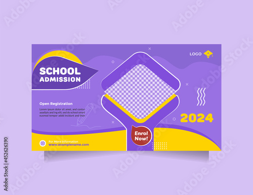 Horizontal social media banner template for School education admission promotional. Creative idea kids school vector horizontal banner design with modern blue yellow color