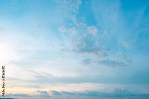 Blue sky and white clouds background, beautiful cloudscape abstract background on high space nature
