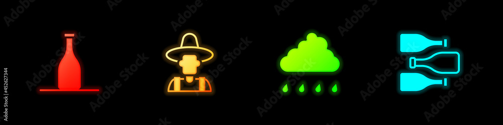 Set Bottle of wine, Farmer the hat, Cloud with rain and Bottles icon. Vector Set Bottle of wine, Farmer the hat, Cloud with rain and Bottles icon. Vector