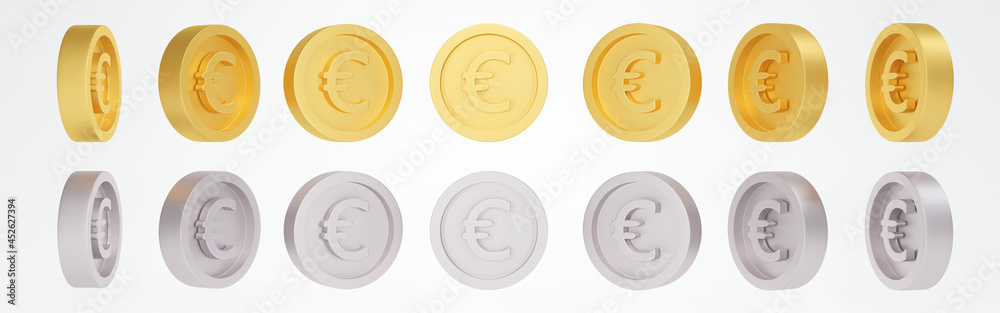 3d Rendering concept of Euro currency money finance. Set of spinning gold silver Euro coins in many views rotate in different angles isolated on white background. Render. illustration. 3d Rendering concept of Euro currency money finance. Set of spinning gold silver Euro coins in many views rotate in different angles isolated on white background. Render. illustration.