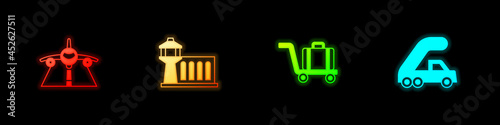 Set Plane, Airport control tower, Trolley baggage and Passenger ladder for plane boarding icon. Vector