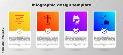 Set Plane, Road traffic sign, Airplane window and Tourist with suitcase. Business infographic template. Vector