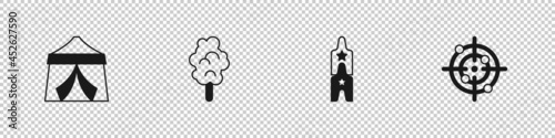 Set Circus tent, Cotton candy, ticket and Target sport icon. Vector