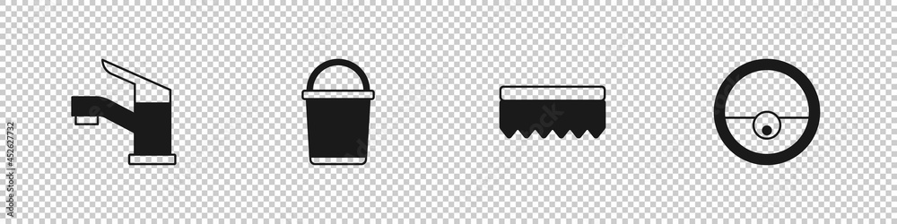 Set Water tap, Bucket, Sponge and Robot vacuum cleaner icon. Vector Set Water tap, Bucket, Sponge and Robot vacuum cleaner icon. Vector