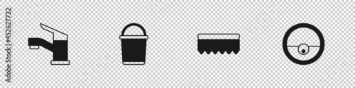 Set Water tap, Bucket, Sponge and Robot vacuum cleaner icon. Vector