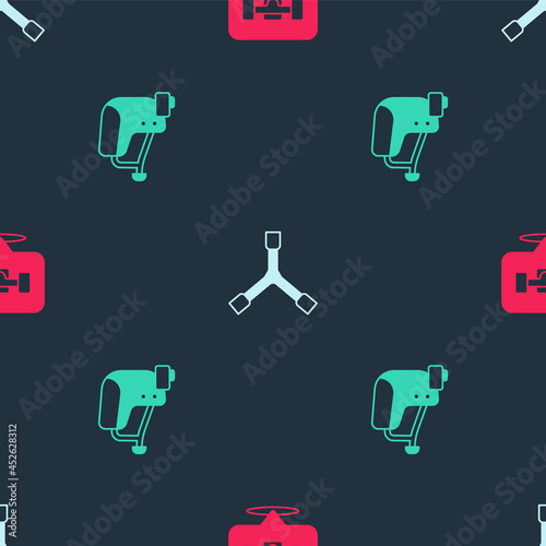 Set Skateboard wheel, Y-tool and helmet on seamless pattern. Vector