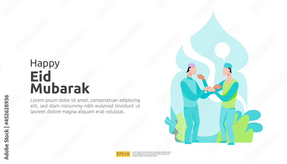 Happy eid mubarak or ramadan greeting with people character. islamic design illustration concept for template for web landing page, social, poster, ad, promotion, print media, banner or presentation Happy eid mubarak or ramadan greeting with people character. islamic design illustration concept for template for web landing page, social, poster, ad, promotion, print media, banner or presentation