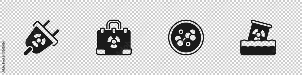 Set Radiation electrical plug, nuclear suitcase, Molecule and Radioactive waste in barrel icon. Vector Set Radiation electrical plug, nuclear suitcase, Molecule and Radioactive waste in barrel icon. Vector