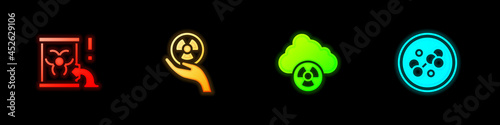 Set Radioactive waste in barrel, , Acid rain and radioactive cloud and Molecule icon. Vector