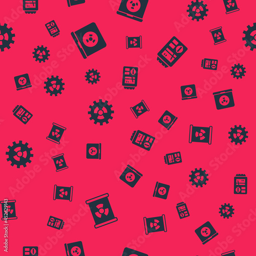 Set Radioactive waste in barrel, Nuclear laptop, and Dosimeter on seamless pattern. Vector