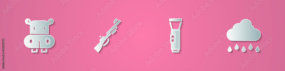 Set paper cut Hippo or Hippopotamus, Hunting gun, Flashlight and Cloud with rain icon. Paper art style. Vector Set paper cut Hippo or Hippopotamus, Hunting gun, Flashlight and Cloud with rain icon. Paper art style. Vector