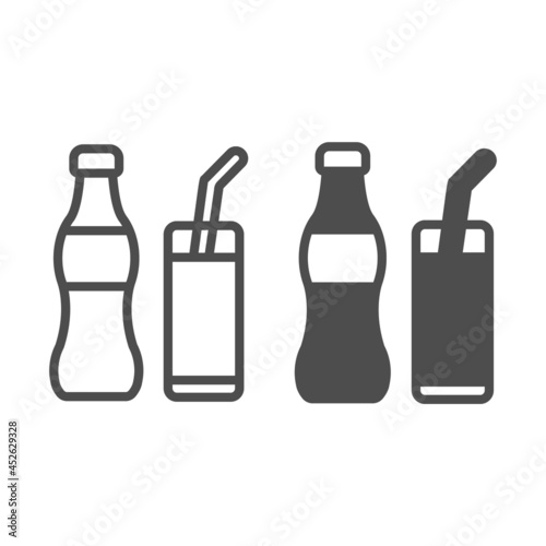 Soda bottle with glass and straw line and solid icon, beverage concept, soft drink vector sign on white background, outline style icon for mobile concept and web design. Vector graphics.