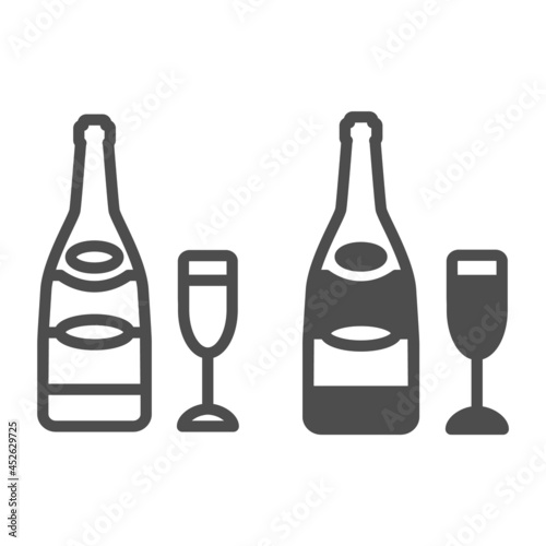 Bottle of champagne with flute glass line and solid icon, winery concept, sparkling wine vector sign on white background, outline style icon for mobile concept and web design. Vector graphics.