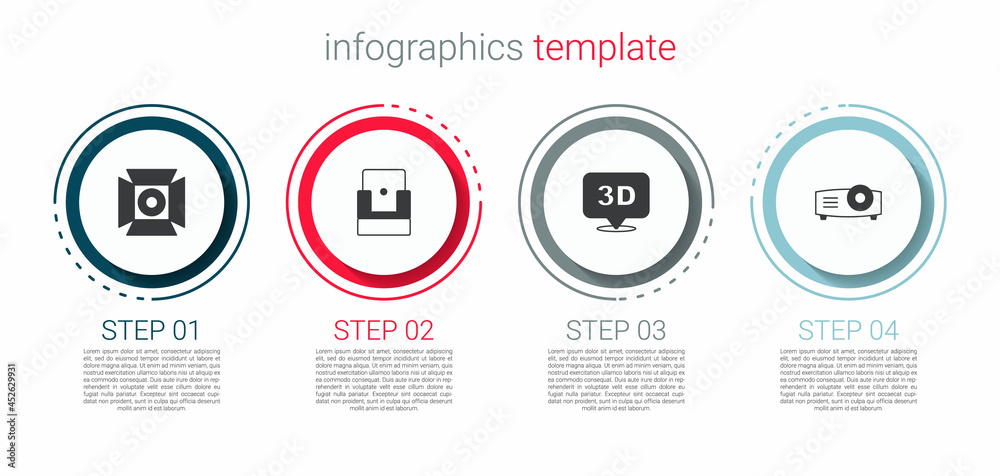 Fototapeta premium Set Movie spotlight, Cinema chair, 3D word and Movie, film, media projector. Business infographic template. Vector