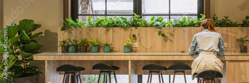 businesswoman or freelancer or student working alone in coworking space photo