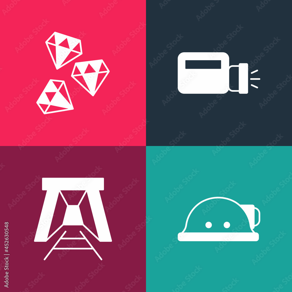 Set pop art Miner helmet, entrance, Flashlight and Gem stone icon. Vector Set pop art Miner helmet, entrance, Flashlight and Gem stone icon. Vector