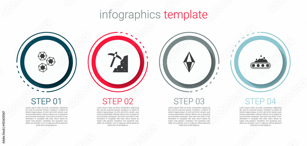 Set Gem stone, Pickaxe, and Conveyor belt carrying coal. Business infographic template. Vector