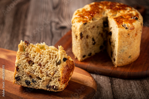 Panettone with candied fruits, traditional Christmas bread.