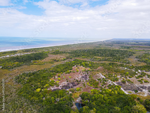 aerial view of Itaúnas beach, with dunes and rural area.  Pasture in the north of Espírito Santo.