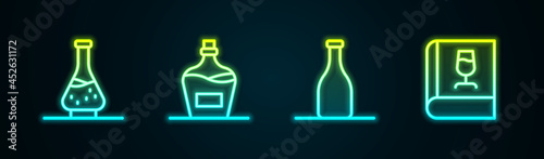 Set line Decanter for wine, Old bottle of, Bottle and Book about. Glowing neon icon. Vector
