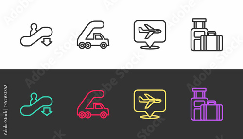 Set line Escalator down, Passenger ladder for plane boarding, Plane and Suitcase on black and white. Vector